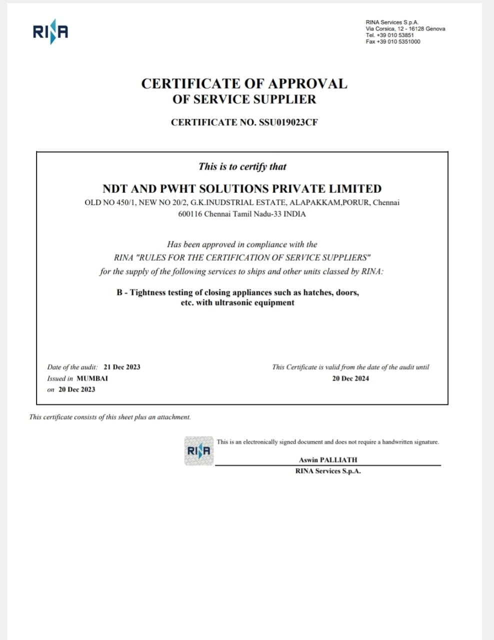 Approval of RINA Class Society For Tightness Testing of Closing Appliances using Ultrasonic Equipment.