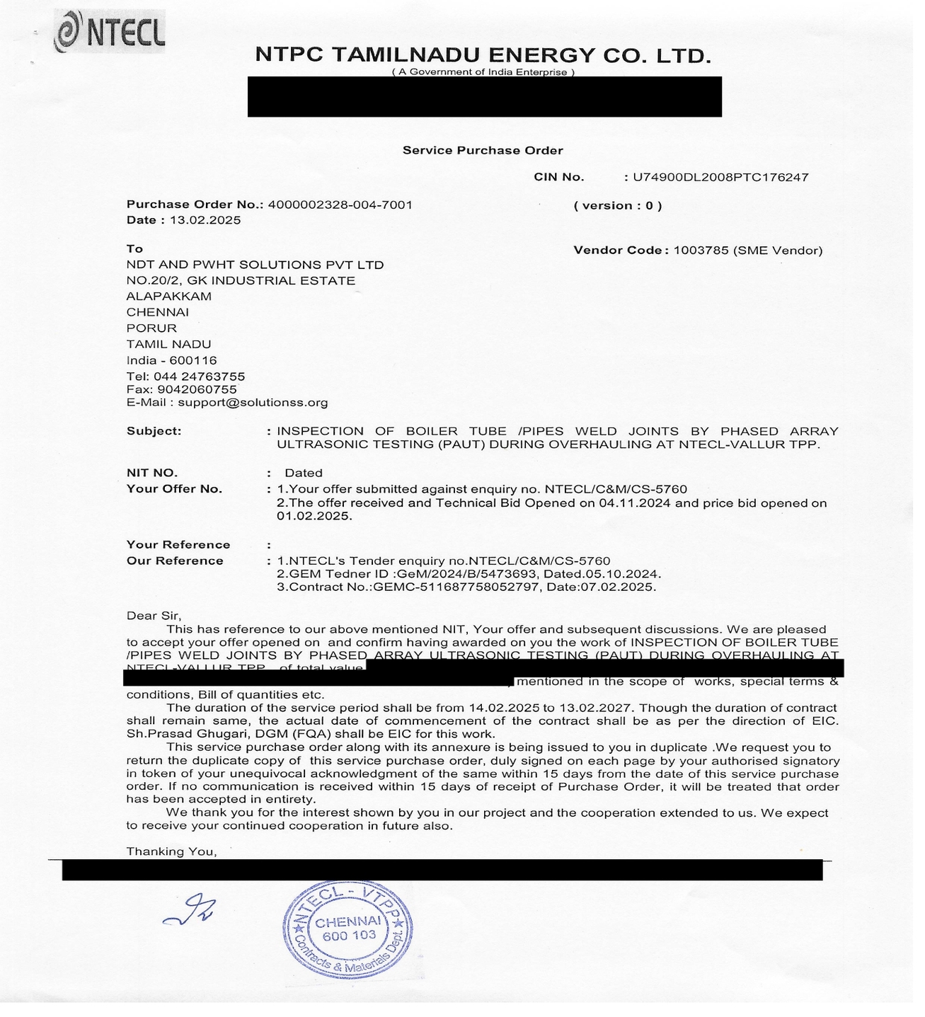 7001 – NTPC Tamilnadu Energy Company Ltd, VALLUR TPP, Chennai Thiruvallur Dist. TN – 600103